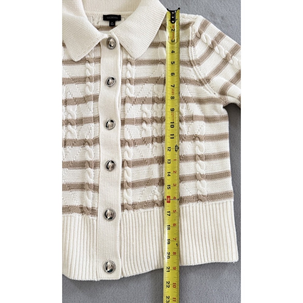 Talbots Striped Cable Knit Collared Cardigan Cream Tan Button Sweater M - Picture 5 of 9